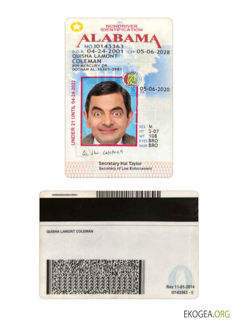 Carte d'identité des moins de 21 ans, États Unis, Alabama